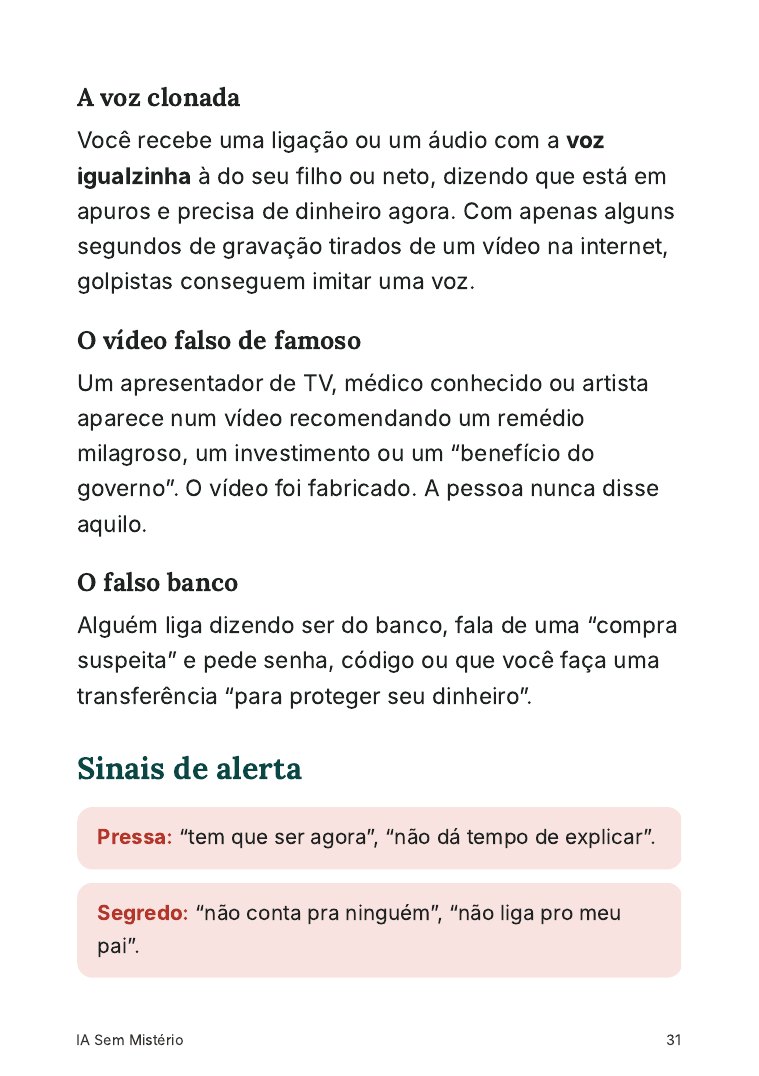Página do capítulo sobre golpes, com sinais de alerta