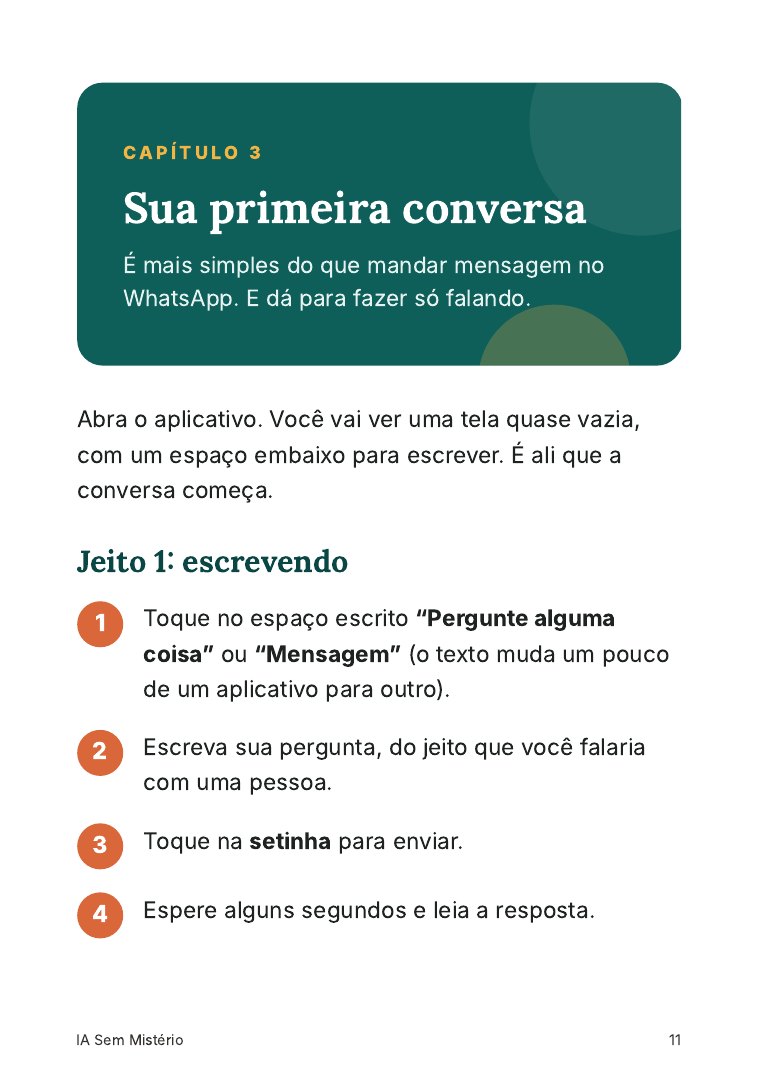 Página do capítulo Sua primeira conversa, com passo a passo numerado